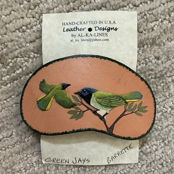Green Jay (bird) Leather Barrette - Picture 1 of 2